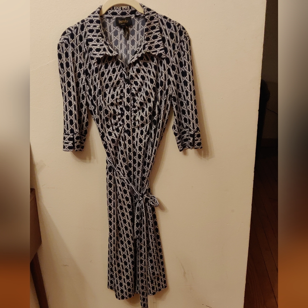 Navy And White Laundry By Shelli Segal Geometric Dress With Self Tie